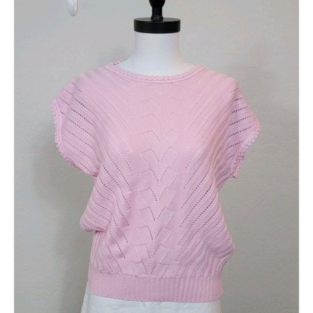J.P. Bentley Knit Sweater Women Medium Pink Vintage Pointelle Scallop Trim USA